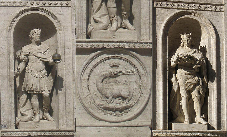 Фигуры на фасаде церкви Сан Луиджи Дей Франчези в Риме. Слева: Карл Великий Каролинг, Император Савященной Римской Империи. Справа: Святой Людовик IX, Король Франции.