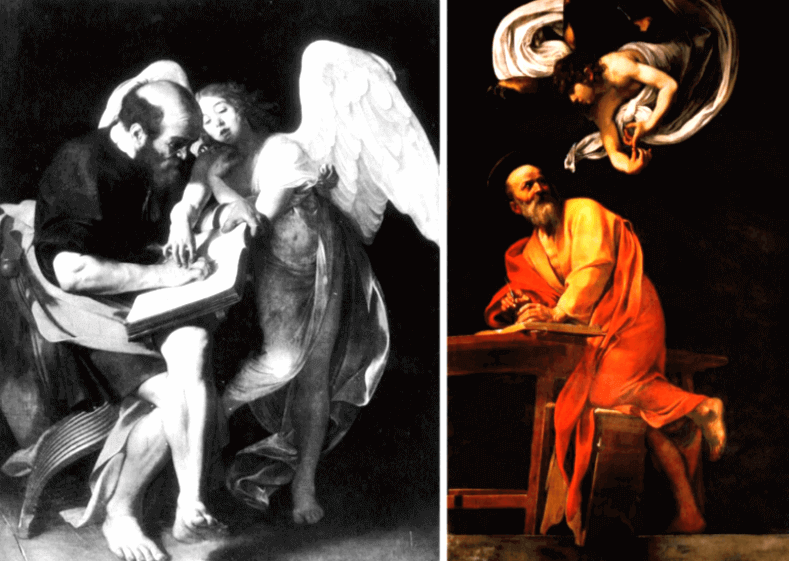 Две версии картины Караваджо " Святой Матфей и Ангел".